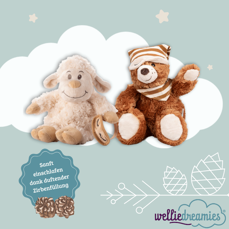 welliedreamies® Kuscheltiere Schlafschaf und Schlafbär sitzen auf einer Wolke