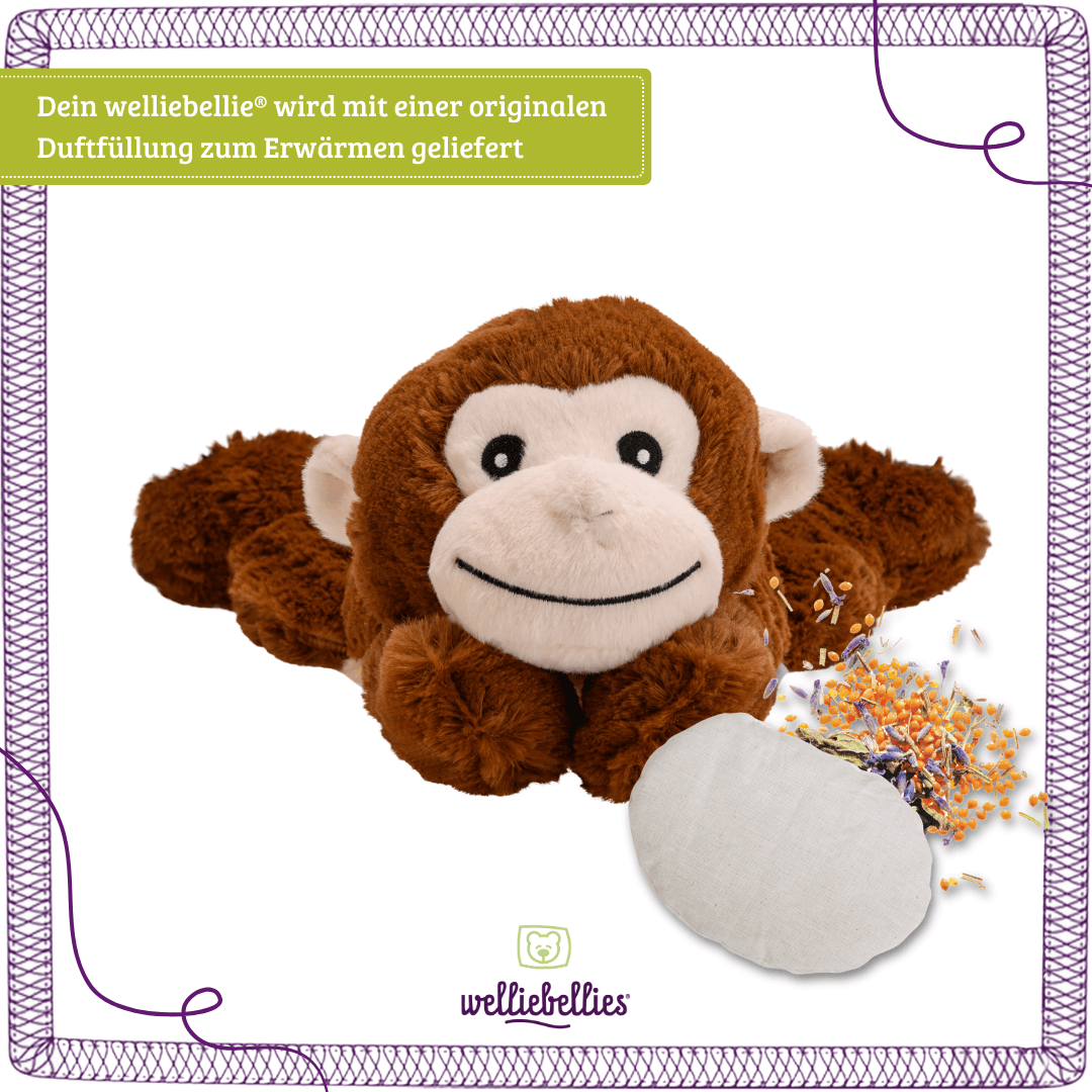 Affen gefüllt mit hochwertiger Bio-Hirse und Kräutermischung, Lavendel inklusive.