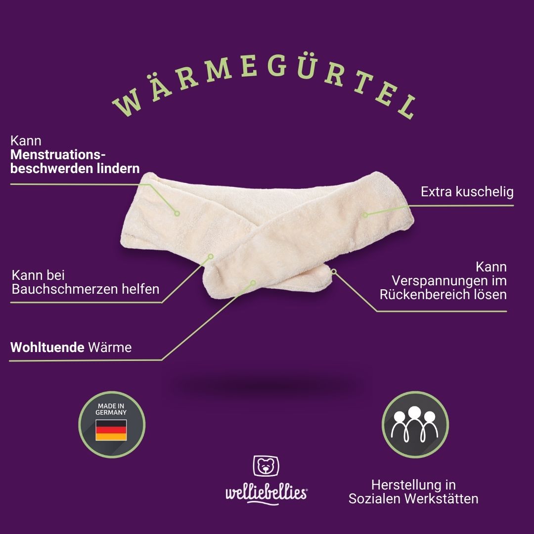 Plüsch Wärmegürtel mit Bio-Hirse Füllung und entspannenden Gesundheitskräutern.
