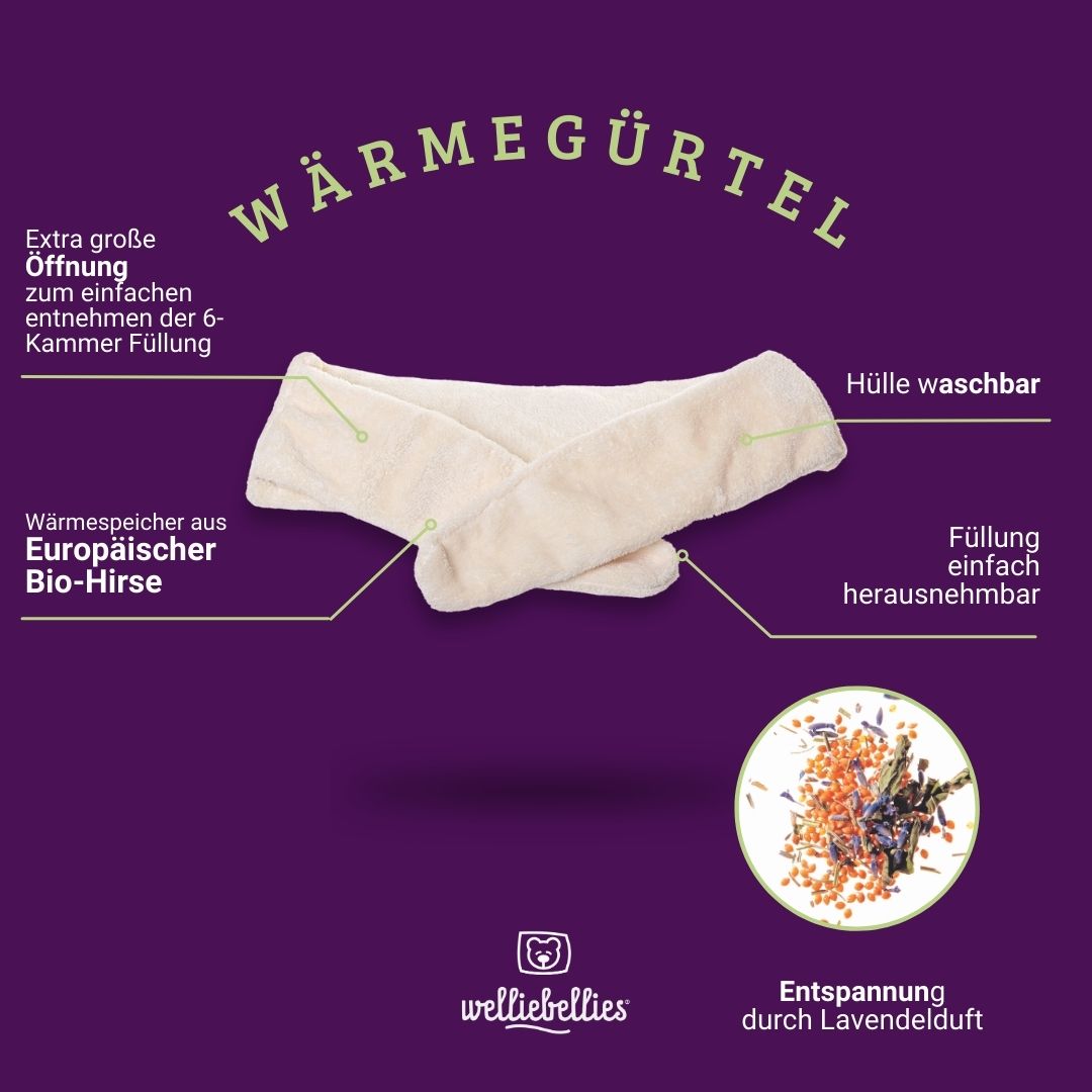 Plüsch Wärmegürtel mit Bio-Hirse Füllung und entspannenden Gesundheitskräutern.