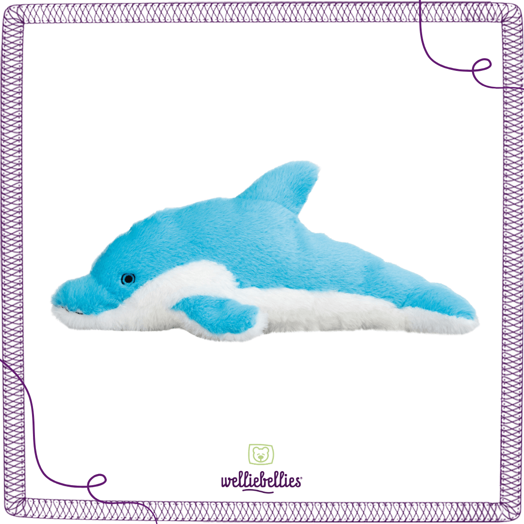 Seitenansicht des Delfin Wärmekissens, zeigt kindgerechtes Design.