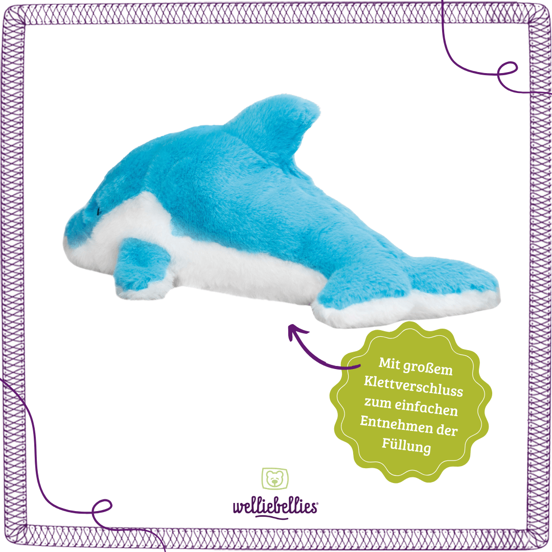 Delfin Rückseite mit herausnehmbarer Kräuterfüllung und Klettverschluss.