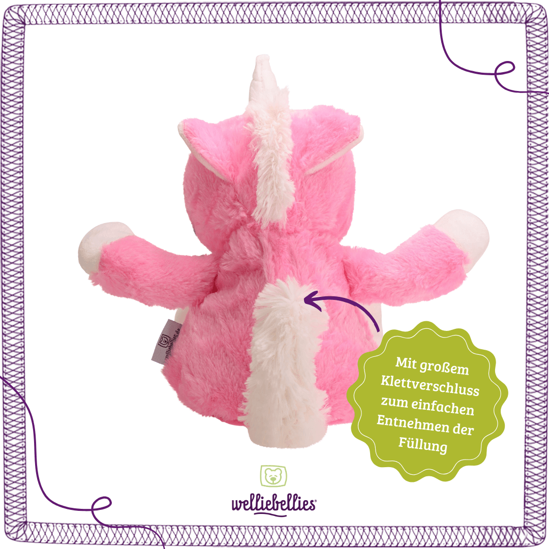 Rückseite des Einhorns mit herausnehmbarer Füllung und Klettverschluss.