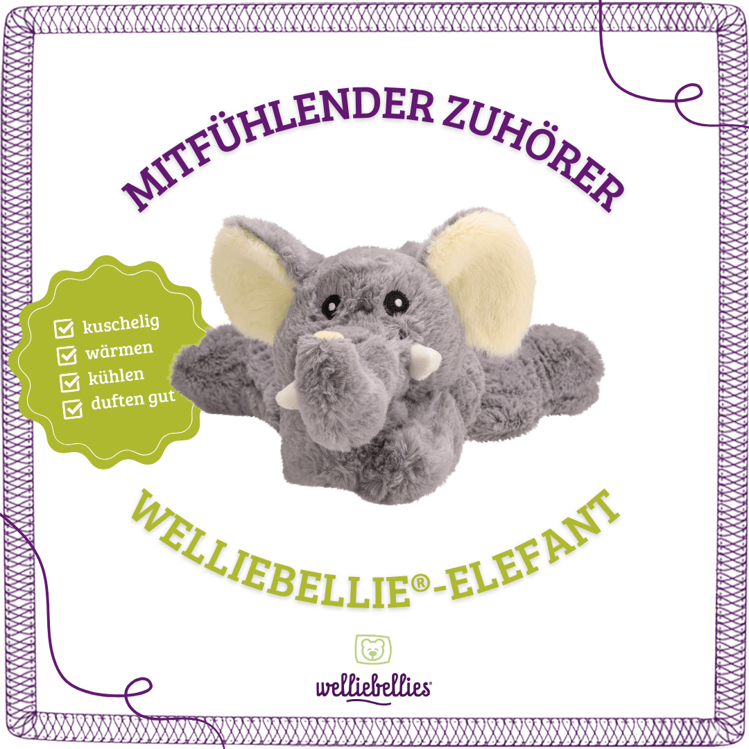 Freundliches Waermekuschel-Elefant: kuschelig, waermend, kuehlend mit beruhigendem Duft.