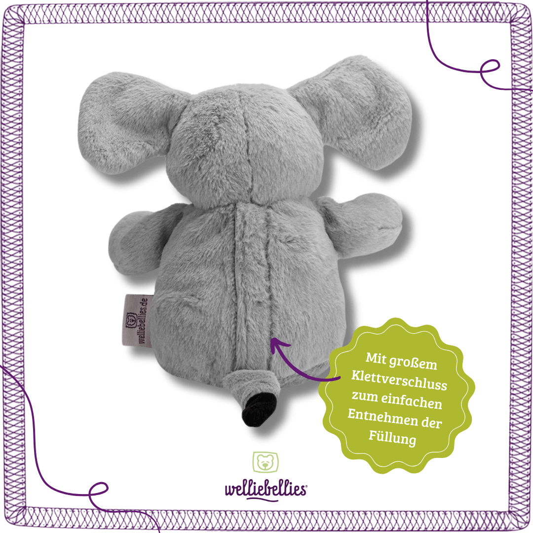 Elefant Rückseite mit einfach herausnehmbarer Kräuterfüllung und Klettverschluss.