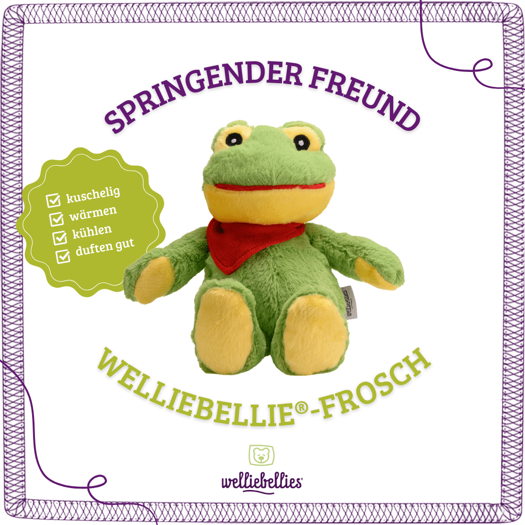 Fröhlicher Wärmekuschel-Frosch: kuschelig, wärmen, kühlen, duftend.