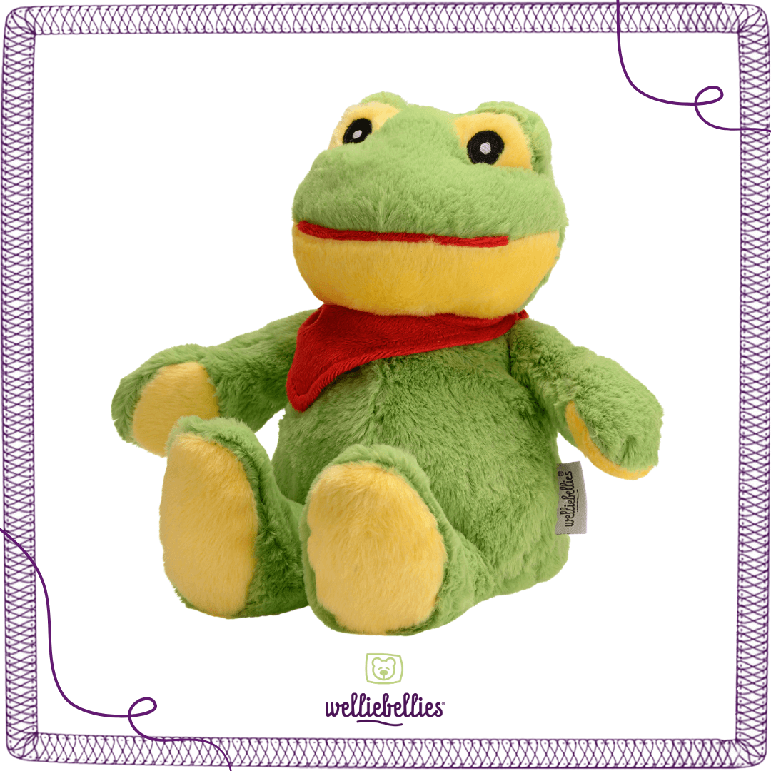 Seitenansicht des grünen Frosch Wärmekissens.