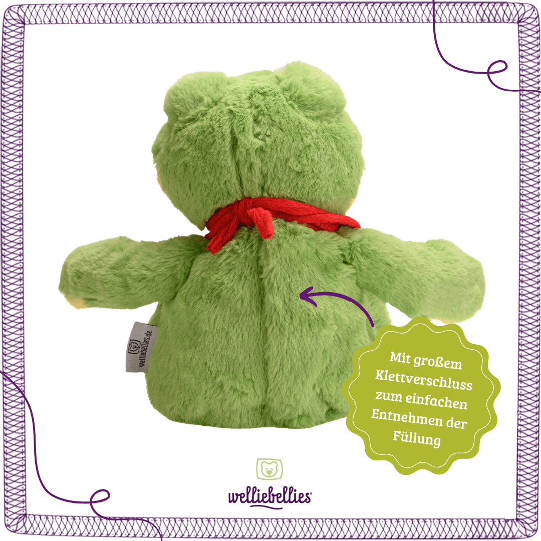 Frosch Rückseite mit herausnehmbarer Kräuterfüllung und Klettverschluss.