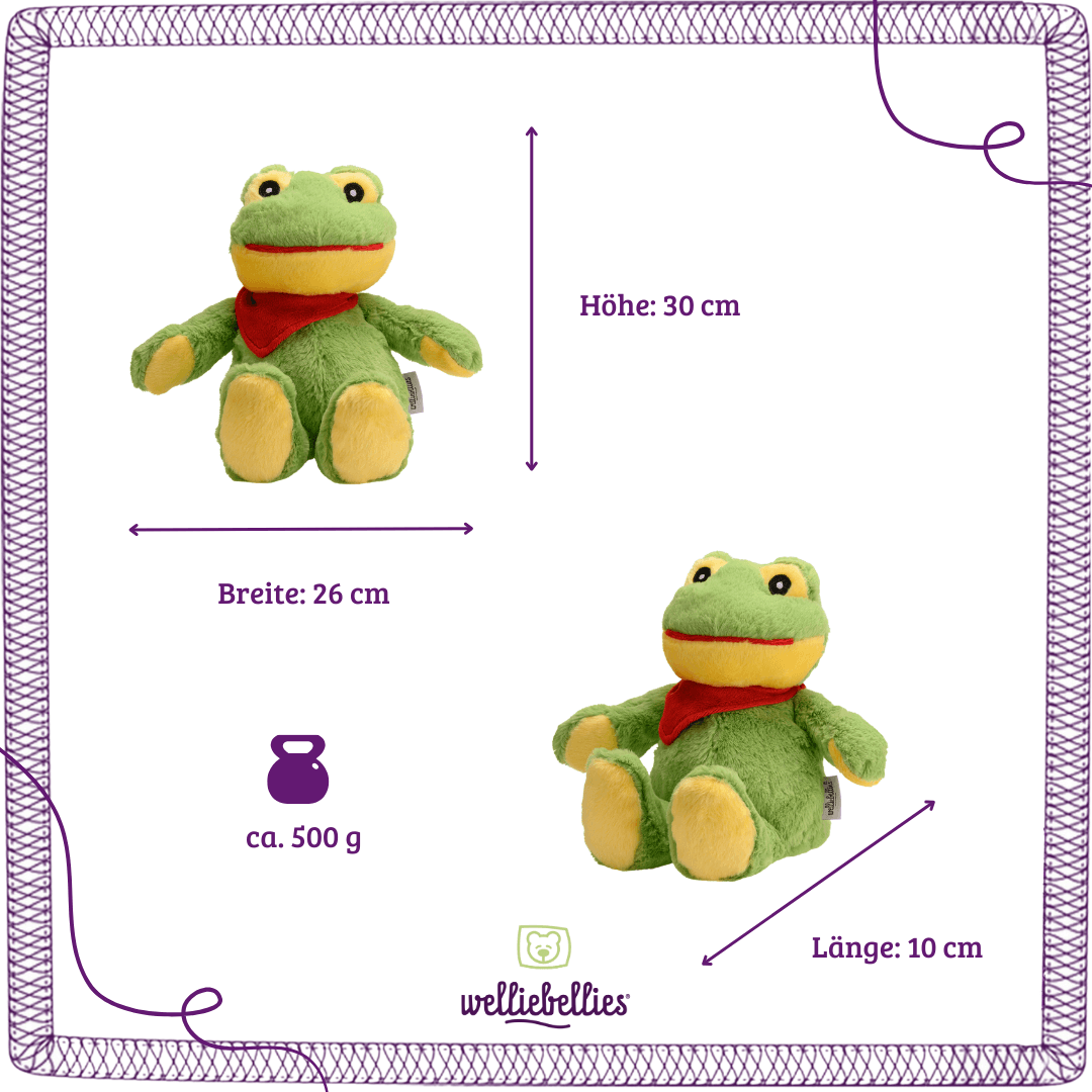 Größenangabe des Froschs für Kinderduftwärmekissen. 30 x 26 x 10 cm