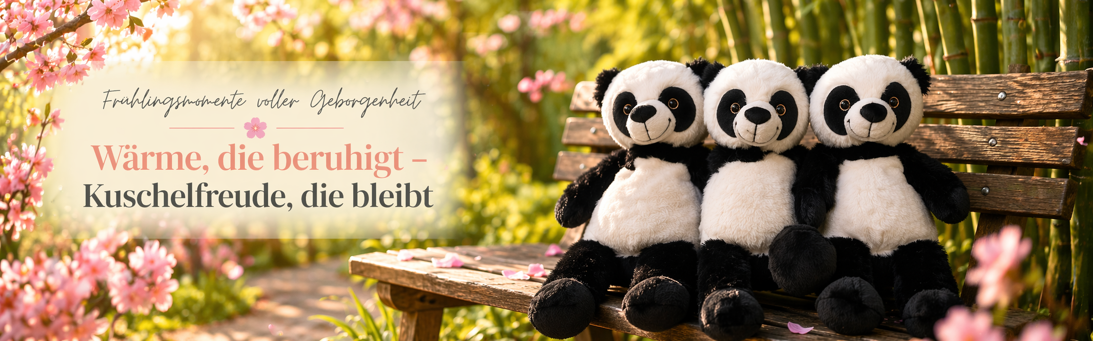 Frühlings Panda Wärmekuscheltier auf Parkbank im Bambuswald – welliebellies® Kuscheltier für Kinder und Wärme