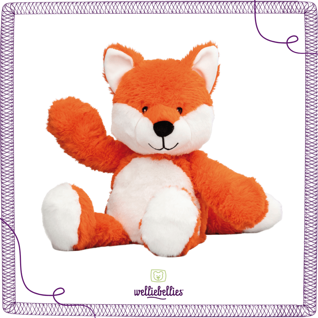 Seitenansicht des Fuchs Wärmekissens, mit flauschigem Design.