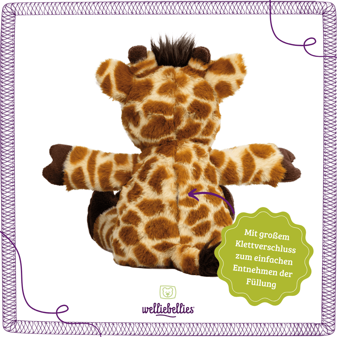 Giraffe Rueckseite mit herausnehmbarer Kraeuterfuellung und Klettverschluss.