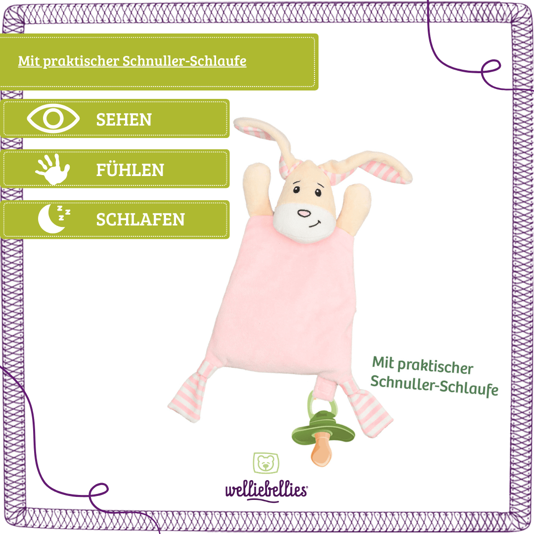Rückseite des rosa Hasen Schmusetuchs mit praktischer Schnullerschlaufe: Sehen, Fühlen, Schlafen.