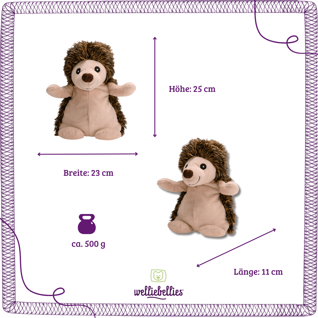 Größen- und Gewichtsanzeige des Igels für Kinderwärmekissen.