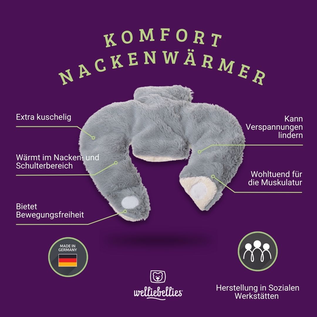 Plüsch Komfort-Nackenwärmer mit Bio-Hirse Füllung und entspannenden Gesundheitskräutern.