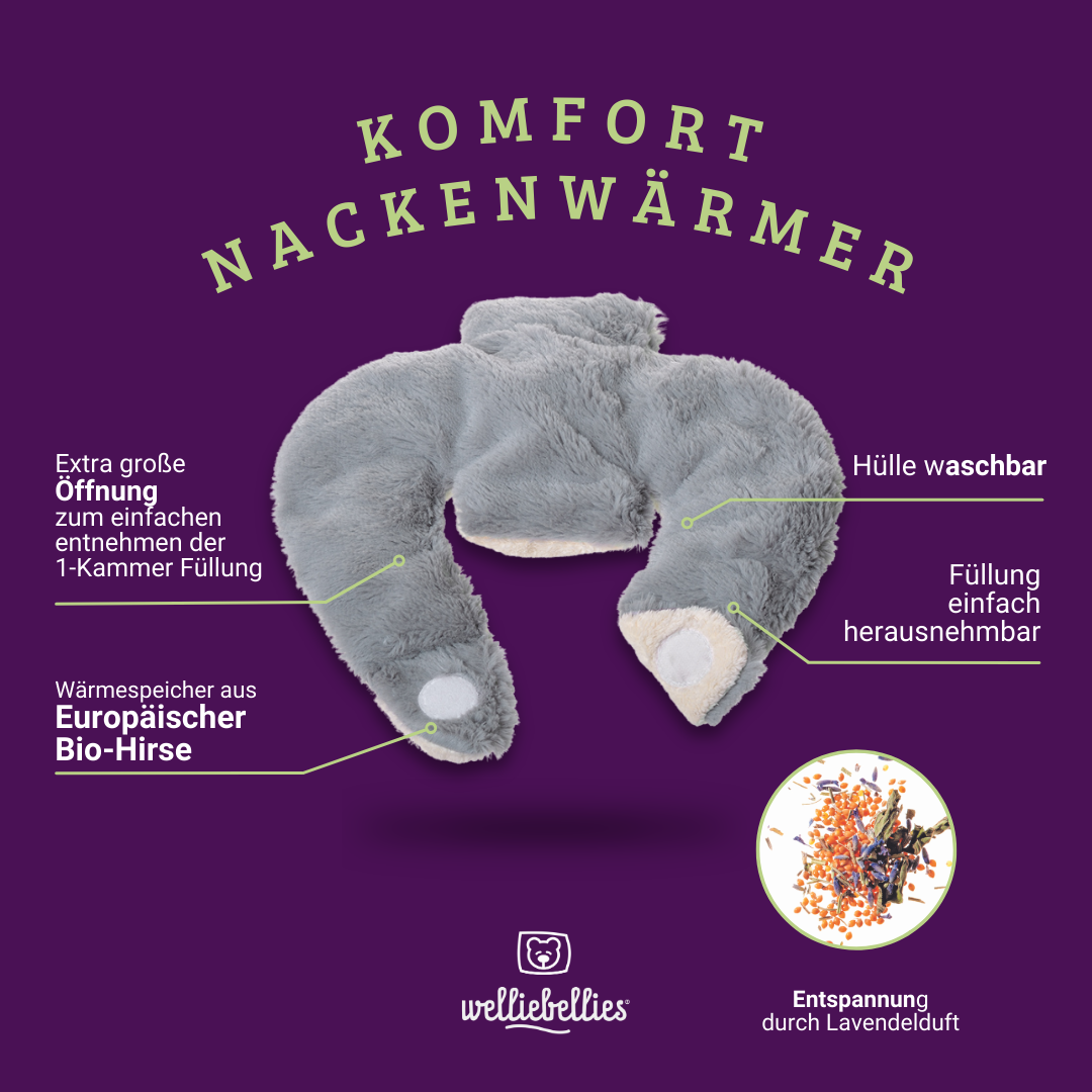Plüsch Komfort-Nackenwärmer mit Bio-Hirse Füllung und entspannenden Gesundheitskräutern.
