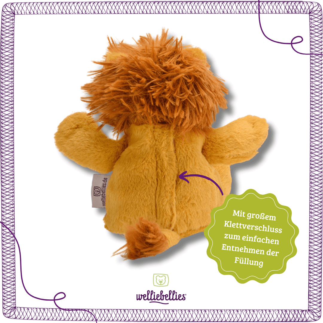 Rückseite des Löwen mit herausnehmbarer Füllung und Klettverschluss.