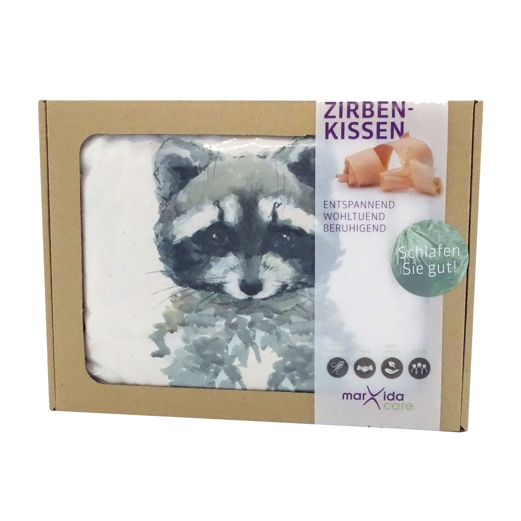Zirbenkissen Motiv Waschbär | Ätherische Öle, 100% Baumwolle und 100% Zirbenholz