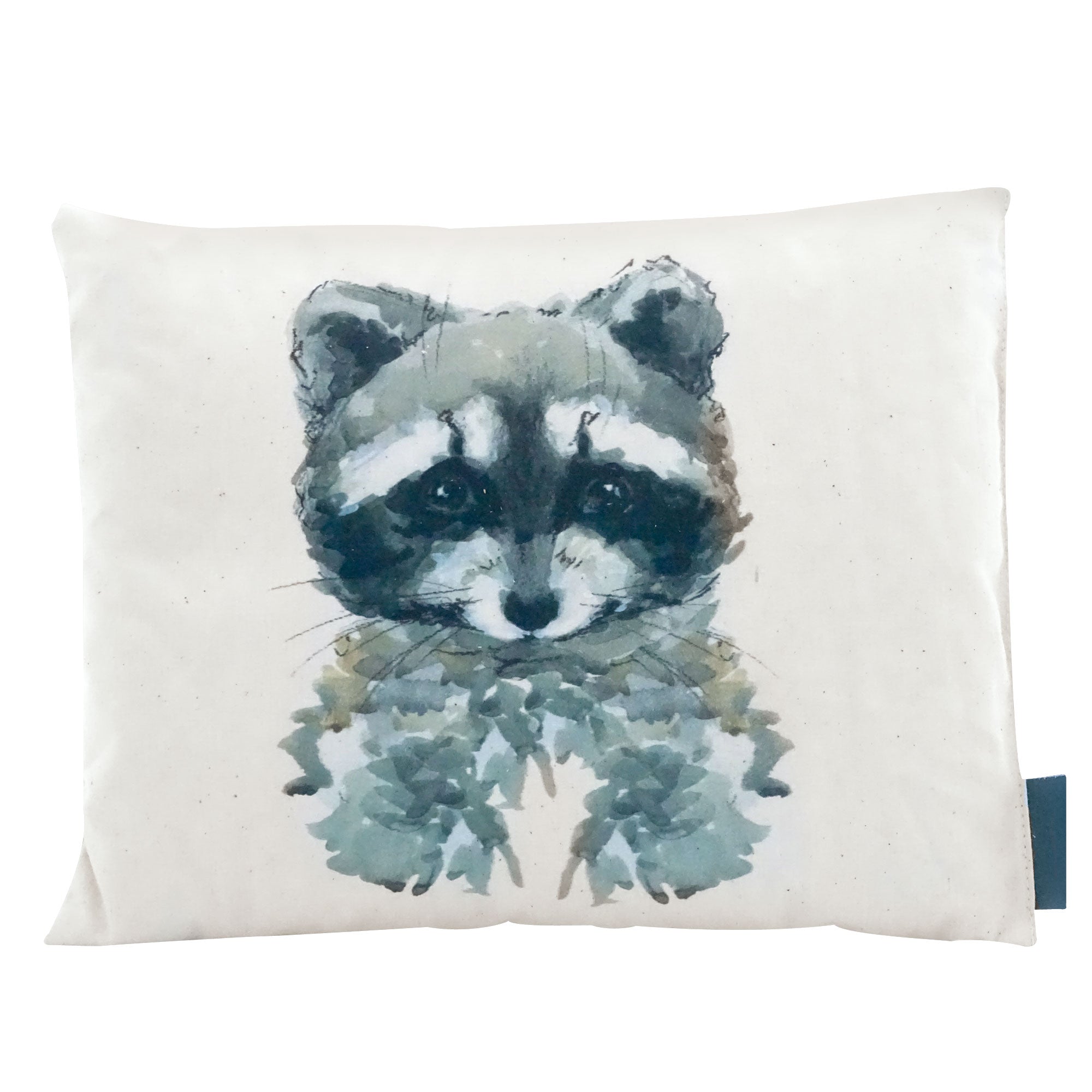 Zirbenkissen Motiv Waschbär | Ätherische Öle, 100% Baumwolle und 100% Zirbenholz.