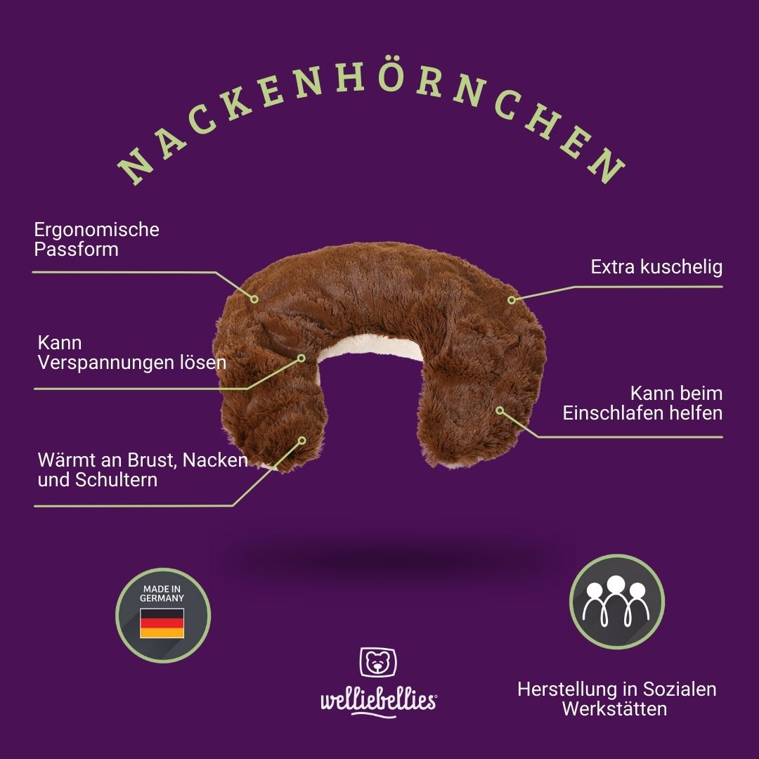Plüsch Nackenhörnchen mit Bio-Hirse Füllung und entspannenden Gesundheitskräutern.
