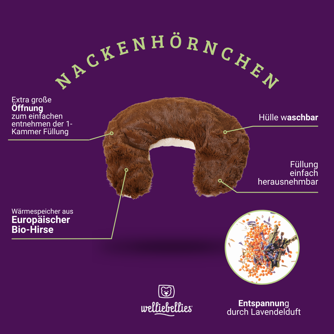 Plüsch Nackenhörnchen mit Bio-Hirse Füllung und entspannenden Gesundheitskräutern.