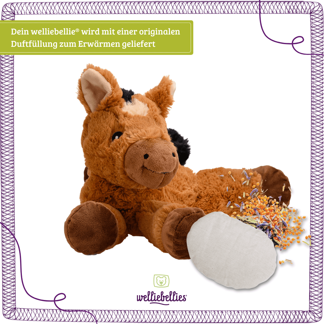 Pferd gefüllt mit Bio-Hirse und beruhigenden Kraeutern, inklusive Lavendel.