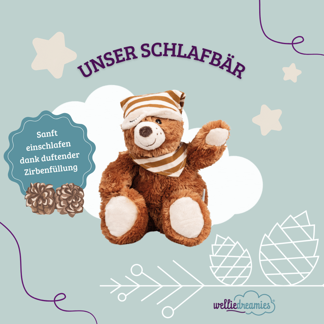 Schlafbär mit Zirbefüllung welliedreamies® – Kuscheltier mit Schlafmütze und Schal. Mit aromatischer Zirbenfüllung zur Beruhigung.