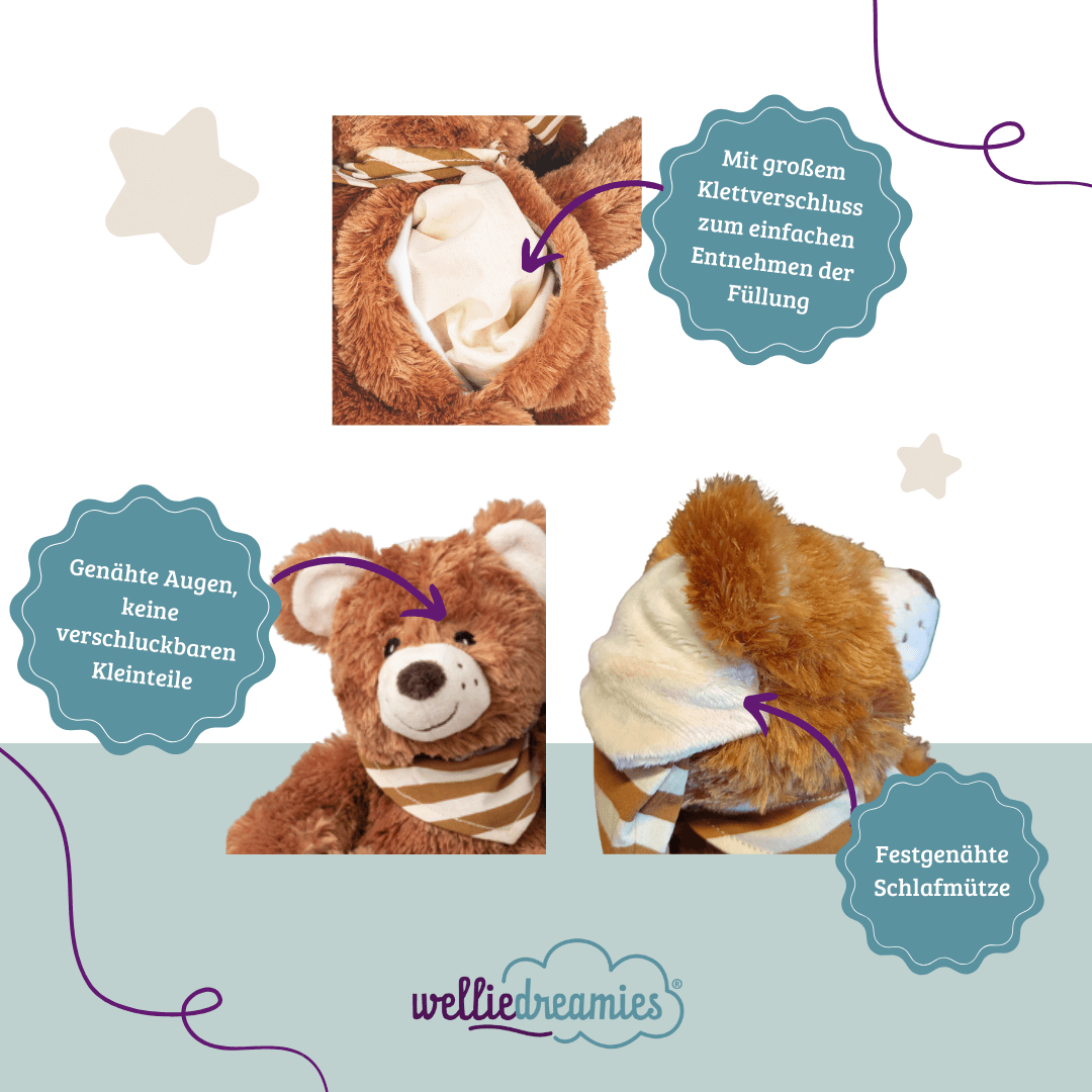 welliedreamies® Schlafbär mit Zirbenfüllung, der Bär hat am Rücken einen Klettverschluss zum Entnehmen der Füllung, genähte Augen, keine verschluckbaren Teile und eine festgenähte Schlafmütze - Kuscheltier zur Beruhigung.