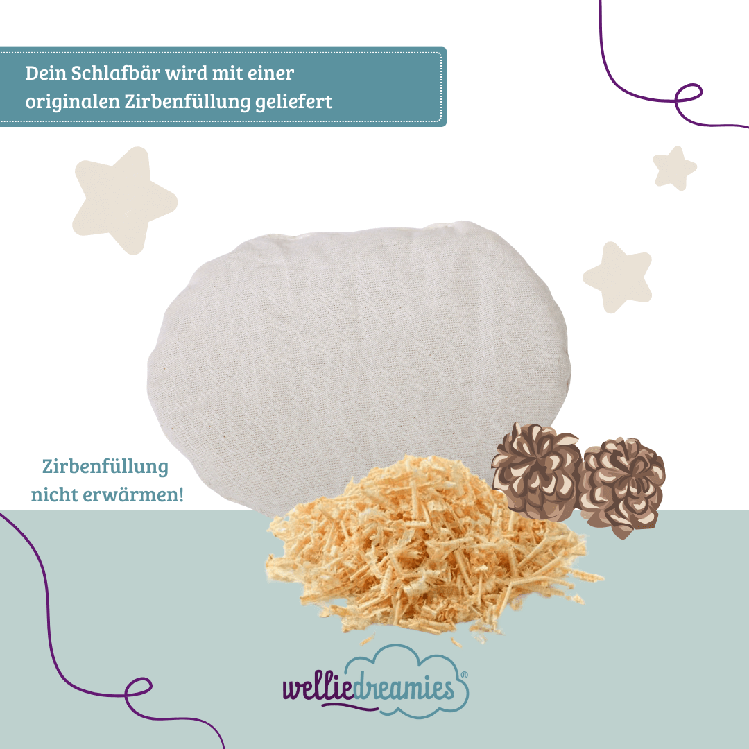 welliedreamies® Schlafbär mit Zirbenfüllung, Zirbenkissen mit den enthaltenen Zirbespänen