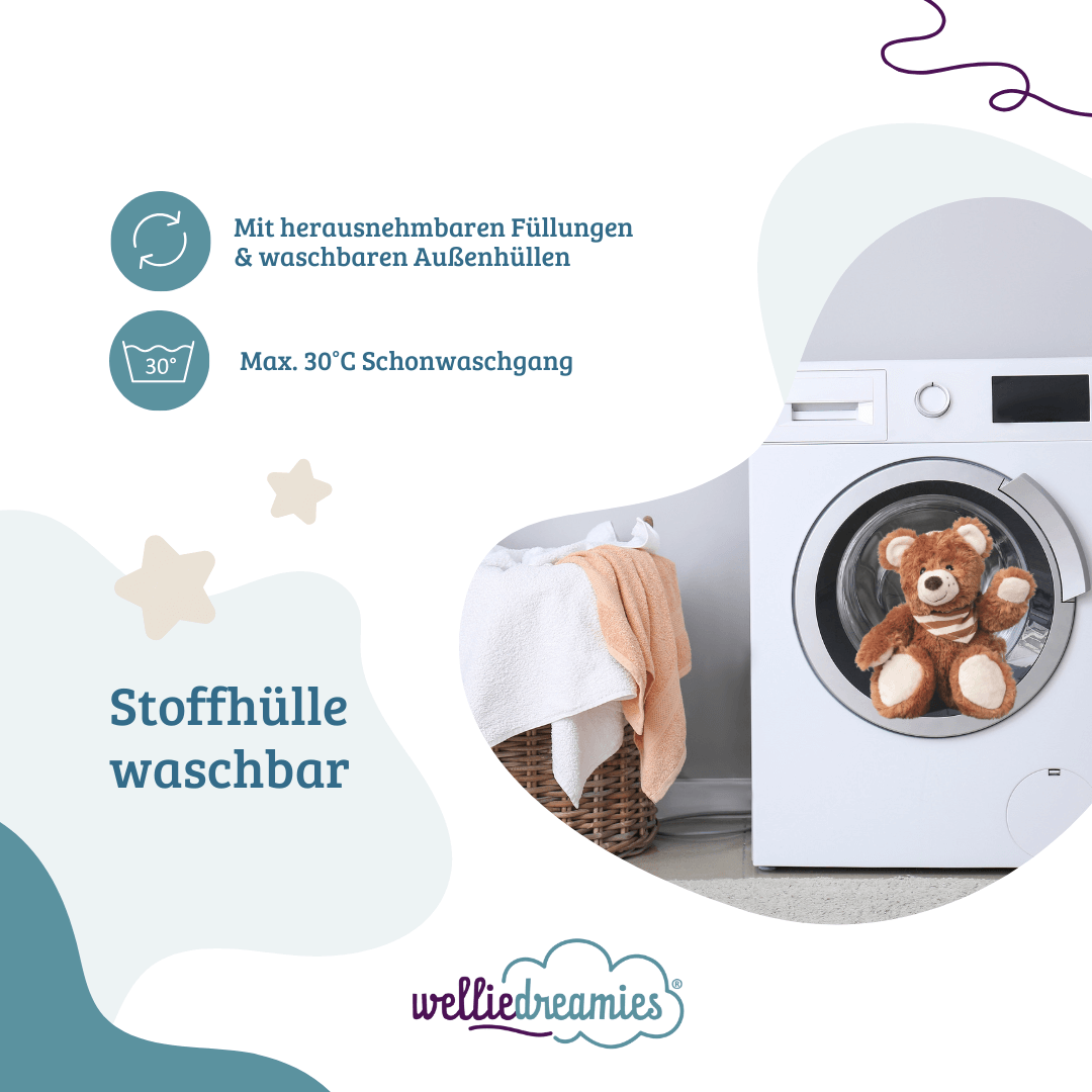 welliedreamies® Schlafbär mit Zirbefüllung, mit herausnehmbarer Füllung, waschbar mit 30 Grad Schonwaschgang - Kuscheltier zur Beruhigung