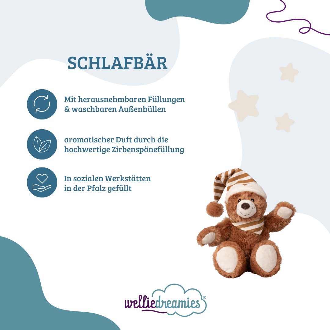 welliedreamies® Schlafbär mit Zirbefüllung, Vorteile: herausnehmbare Füllung, aromatischer Duft, in sozialen Werkstätten gefertigt Kuscheltier zur Beruhigung.