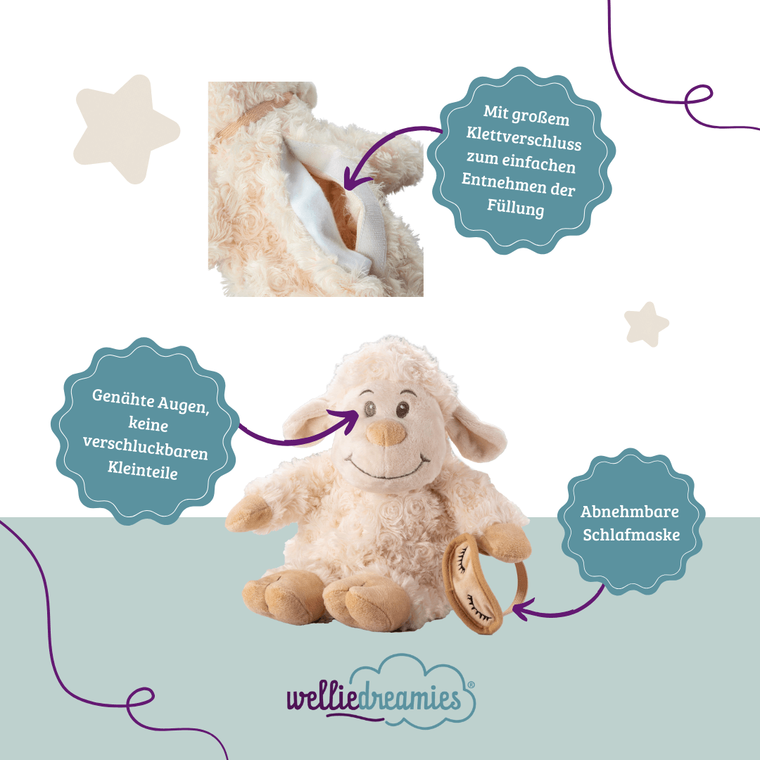 welliedreamies® Schlafschaf mit Zirbefüllung, das Schaf hat am Rücken einen Klettverschluss zum Entnehmen der Füllung, genähte Augen, keine verschluckbaren Teile und eine abnehmbare Schlafmaske - Kuscheltier zur Beruhigung.