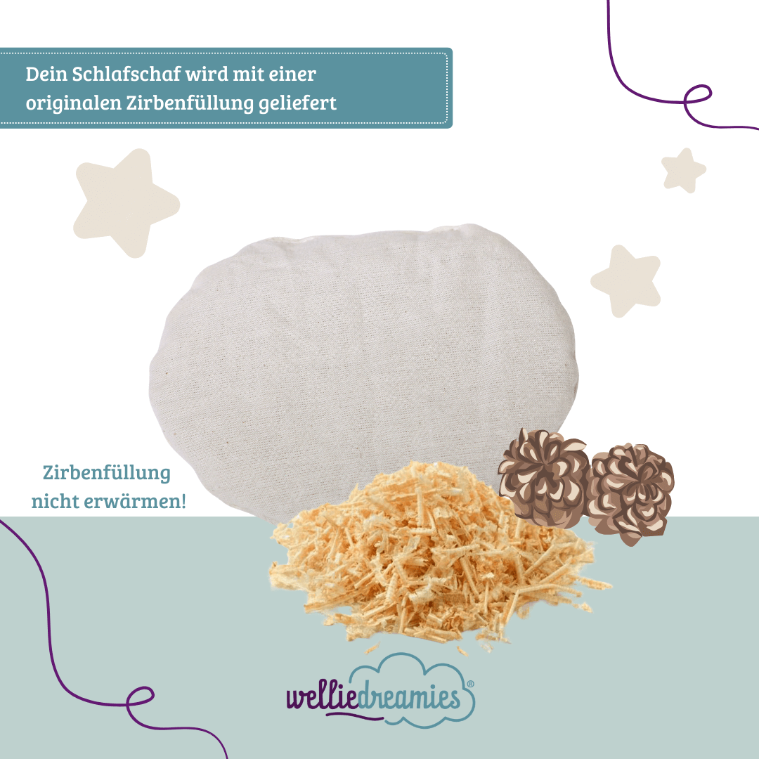 welliedreamies® Schlafschaf mit Zirbefüllung, Zirbekissen mit den enthaltenen Zirbespänen