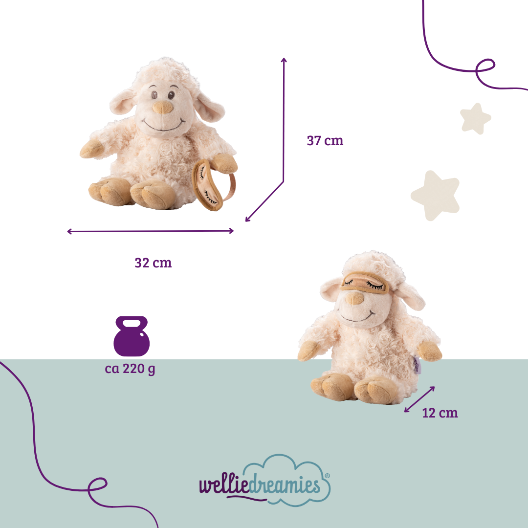 welliedreamies Schlafschaf Kuscheltier mit Zirbenfüllung. Höhe 37 cm, Breite 32 cm und Länge 12 cm. Gewicht ca. 220 Gramm