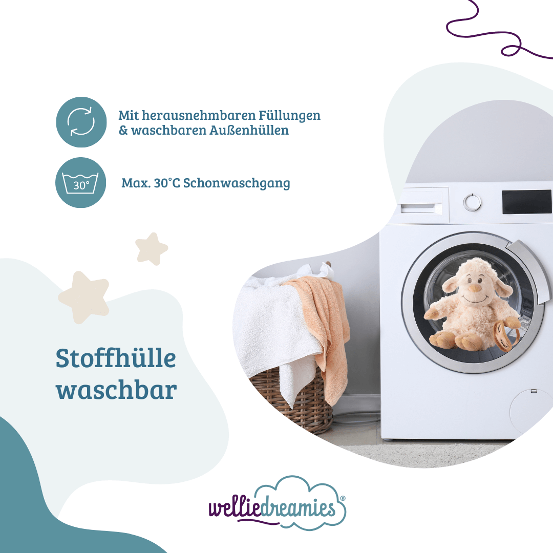 welliedreamies® Schlafschaf mit Zirbefüllung, mit herausnehmbarer Füllung, waschbar mit 30 Grad Schonwaschgang - Kuscheltier zur Beruhigung