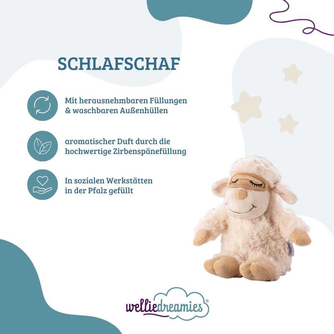 welliedreamies® Schlafschaf mit Zirbefüllung, Vorteile: herausnehmbare Füllung, aromatischer Duft, in sozialen Werkstätten gefertigt Kuscheltier zur Beruhigung.