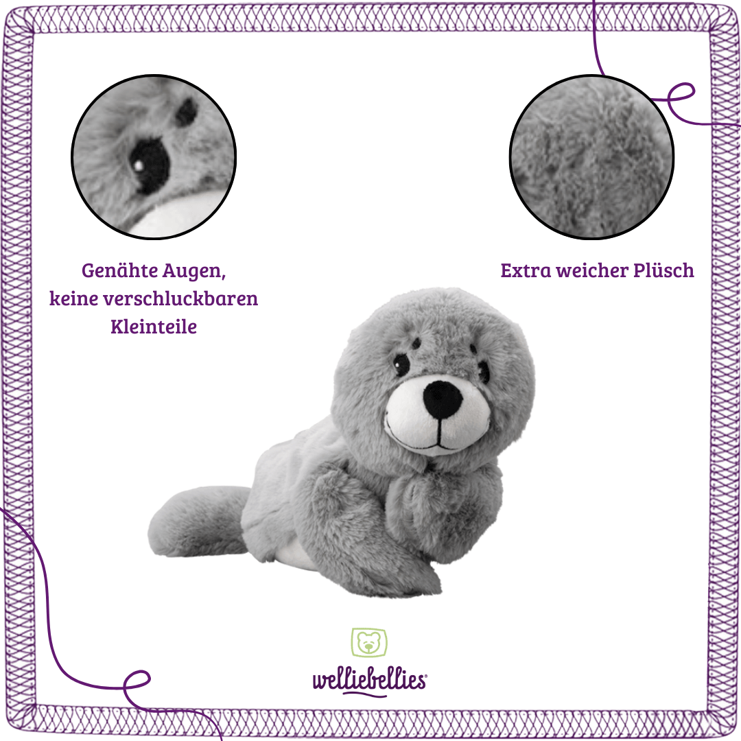 Seitenansicht des Seehund Wärmekissens, ideal für Kinder.