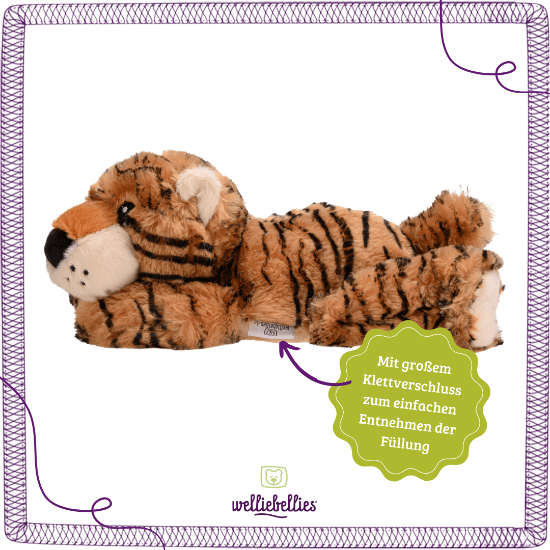Tiger Rückseite mit herausnehmbarer Füllung und Klettverschluss.