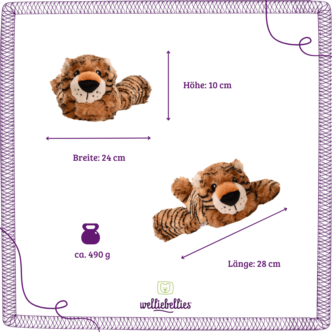 Größenübersicht des Tigers für Kinderwärmekissen.