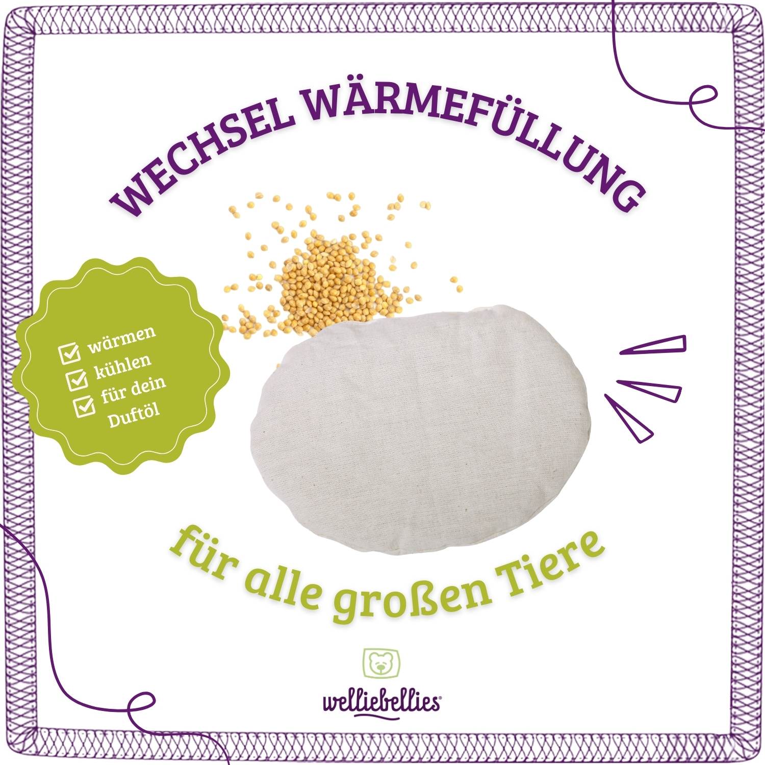 welliebellies® Bio-Körnerkissen ohne Kräuterduft für große Tiere.