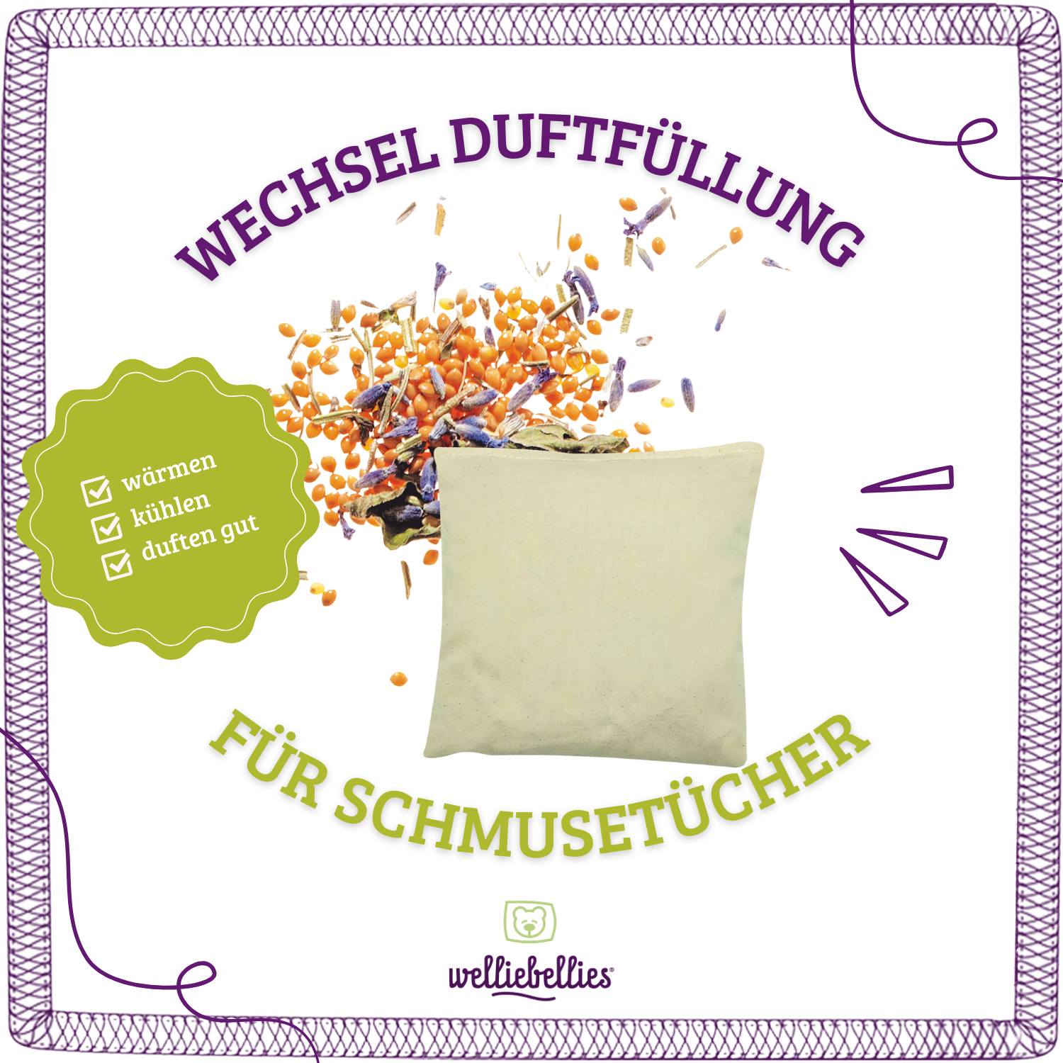 welliebellies® Wechsel Bio-Körnerkissen mit Kräutern für Schmusetücher.