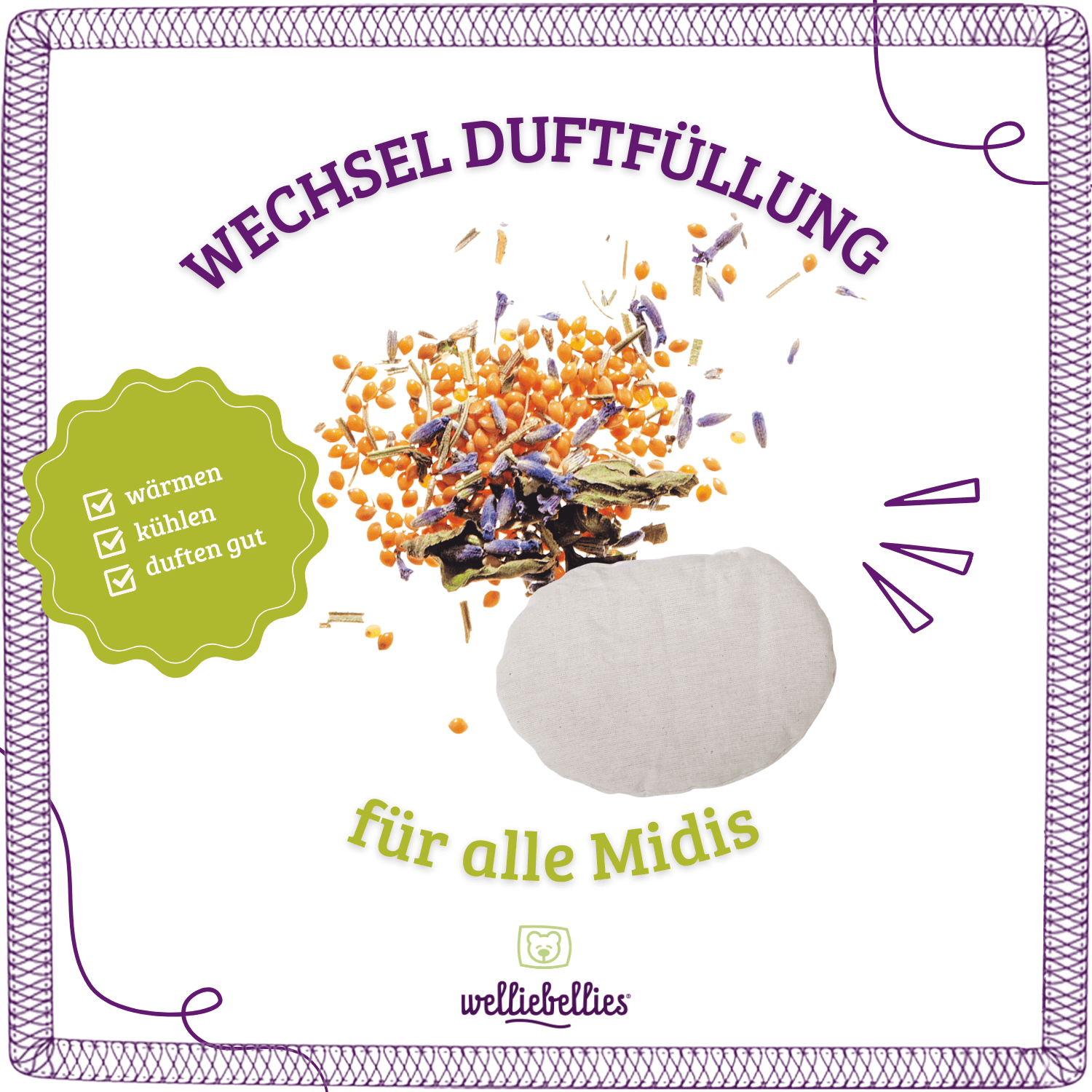 welliebellies® Wechsel Bio-Körnerkissen mit Kräutern für midi Tiere.