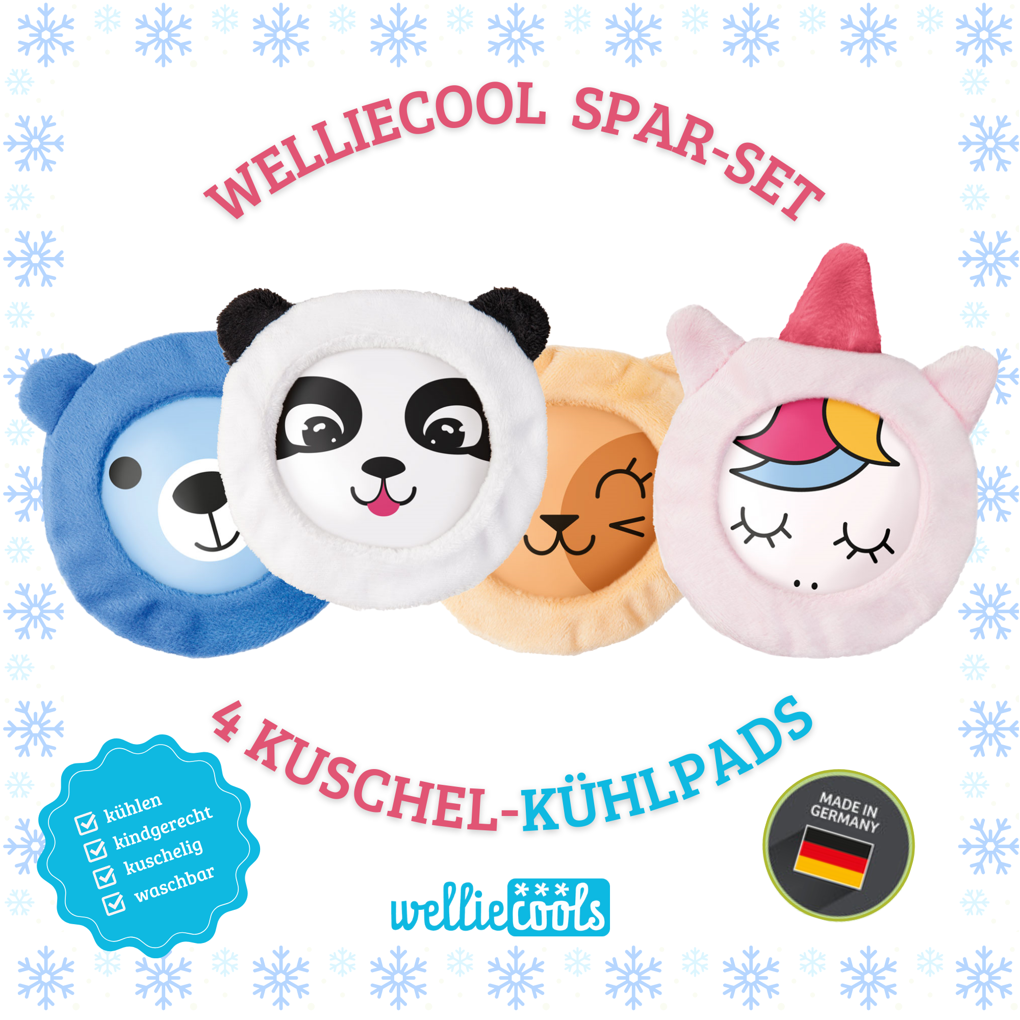Welliecool - Set 4 Süße Kühlkissen für Kinder.