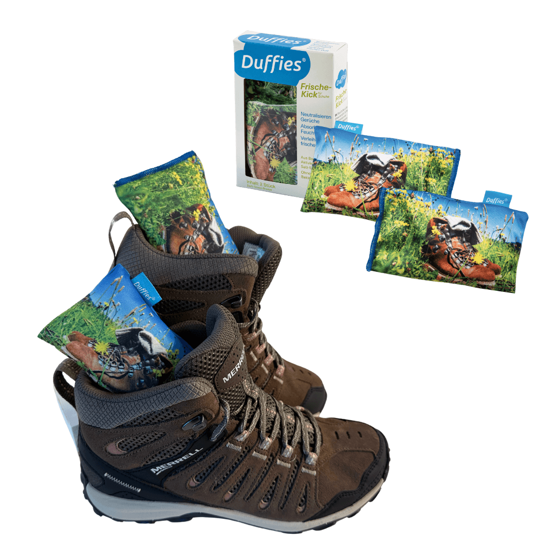DUFFIES® Schuhdeo-Kissen fuer Wanderschuhe - Motiv Wandern, Vorderseite