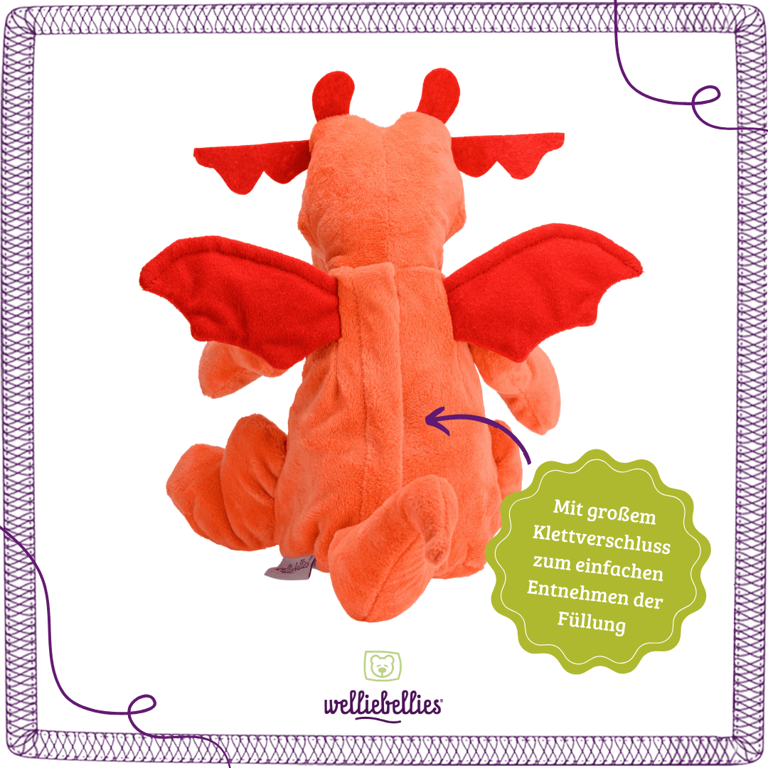 Drache mit herausnehmbarer Füllung und Klettverschluss.
