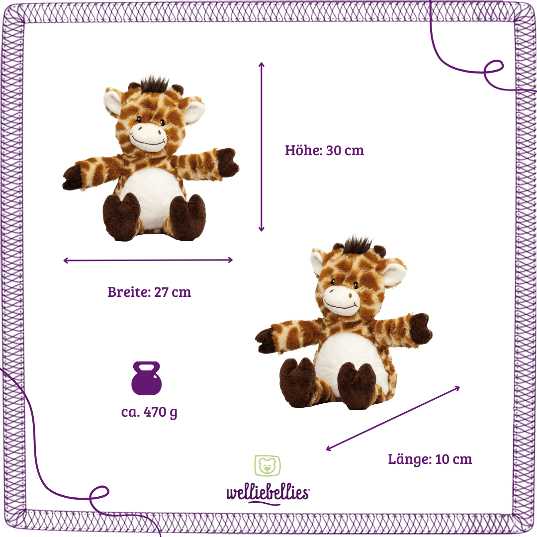 Uebersicht Giraffe 30x27x10 cm für Kinderwärmekissen.