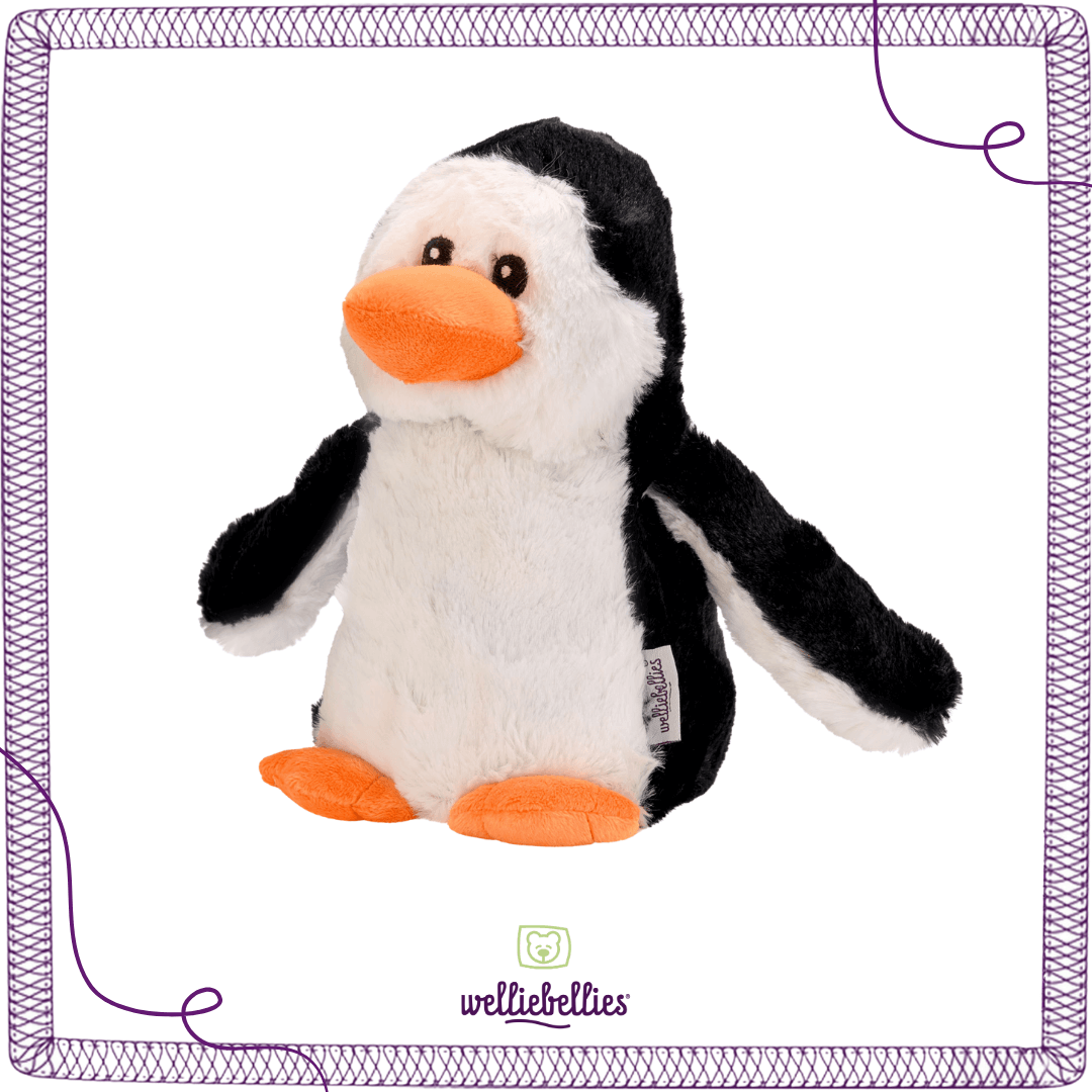 Seitenansicht des gemütlichen Pinguin Wärmekissens.