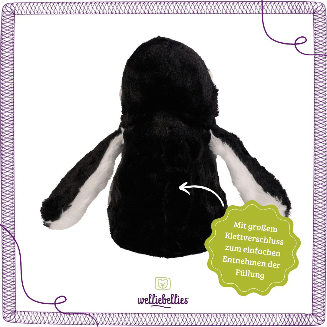 Pinguin Rueckseite mit herausnehmbarer Fuellung und Klettverschluss.