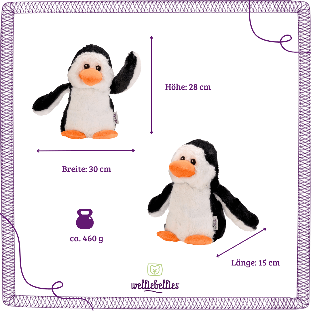 Größenübersicht des Pinguin-Wärmekissens für Kinder.