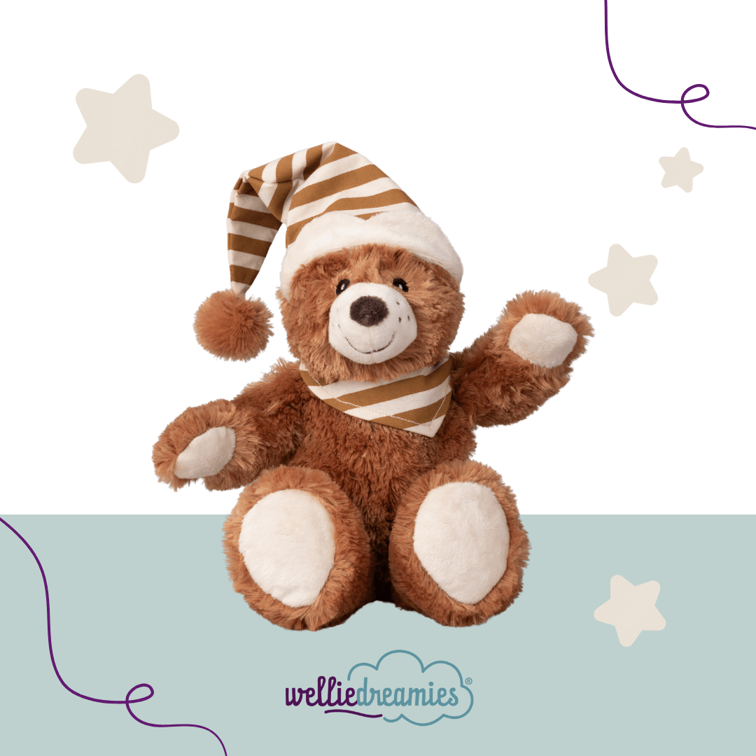 Schlafbär mit Zirbenfüllung welliedreamies® – Kuscheltier zur Beruhigung.